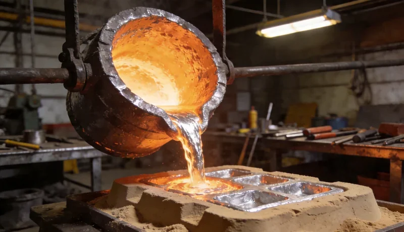 aluminum casting process, molten metal flowing into mold cavity, industrial foundry, close-up view