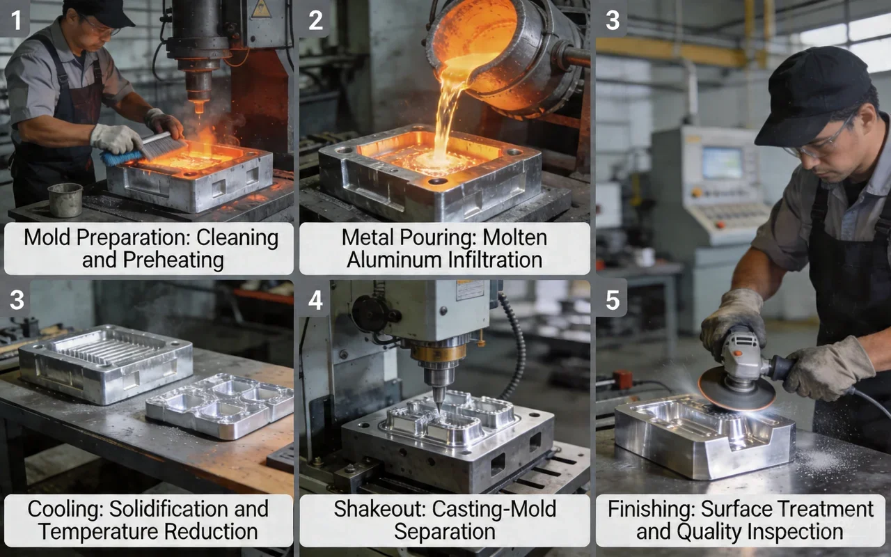 aluminum casting process steps diagram, melting, pouring, cooling, finishing, industrial workflow