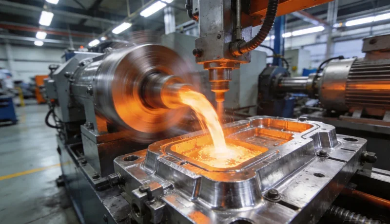 die casting process, high pressure molten aluminum injection into steel die, industrial machine close-up