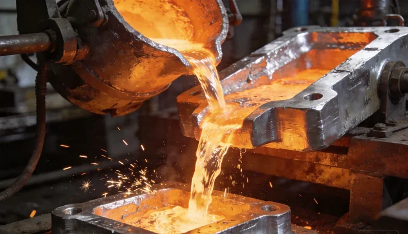 gravity casting process, gravity fed molten aluminum into permanent mold, industrial manufacturing