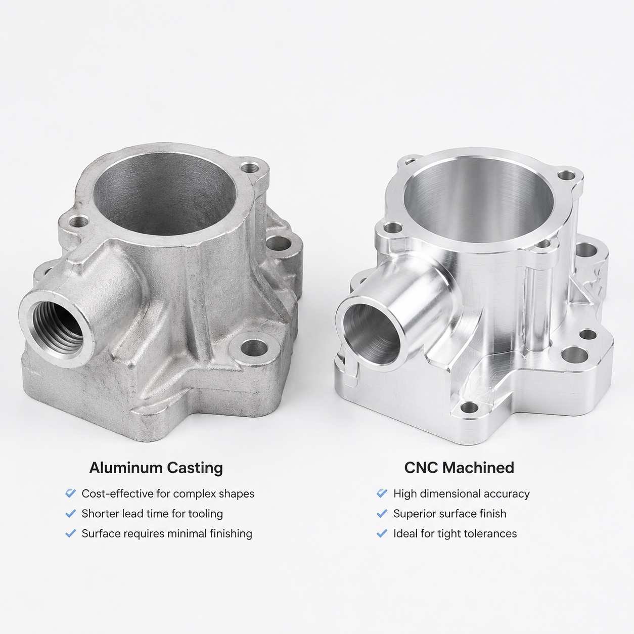 Side-by-side comparison of aluminum casting and CNC machining processes in an industrial manufacturing environment