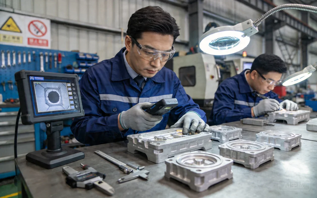 engineer measuring aluminum die casting part with caliper, quality inspection, factory environment, precision manufacturing