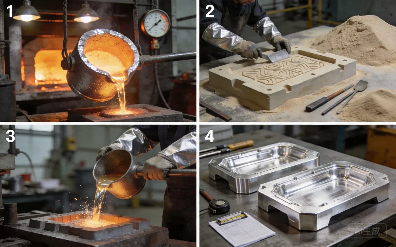 die casting process workflow sequence, molten aluminum injection, mold cooling, trimming, industrial diagram