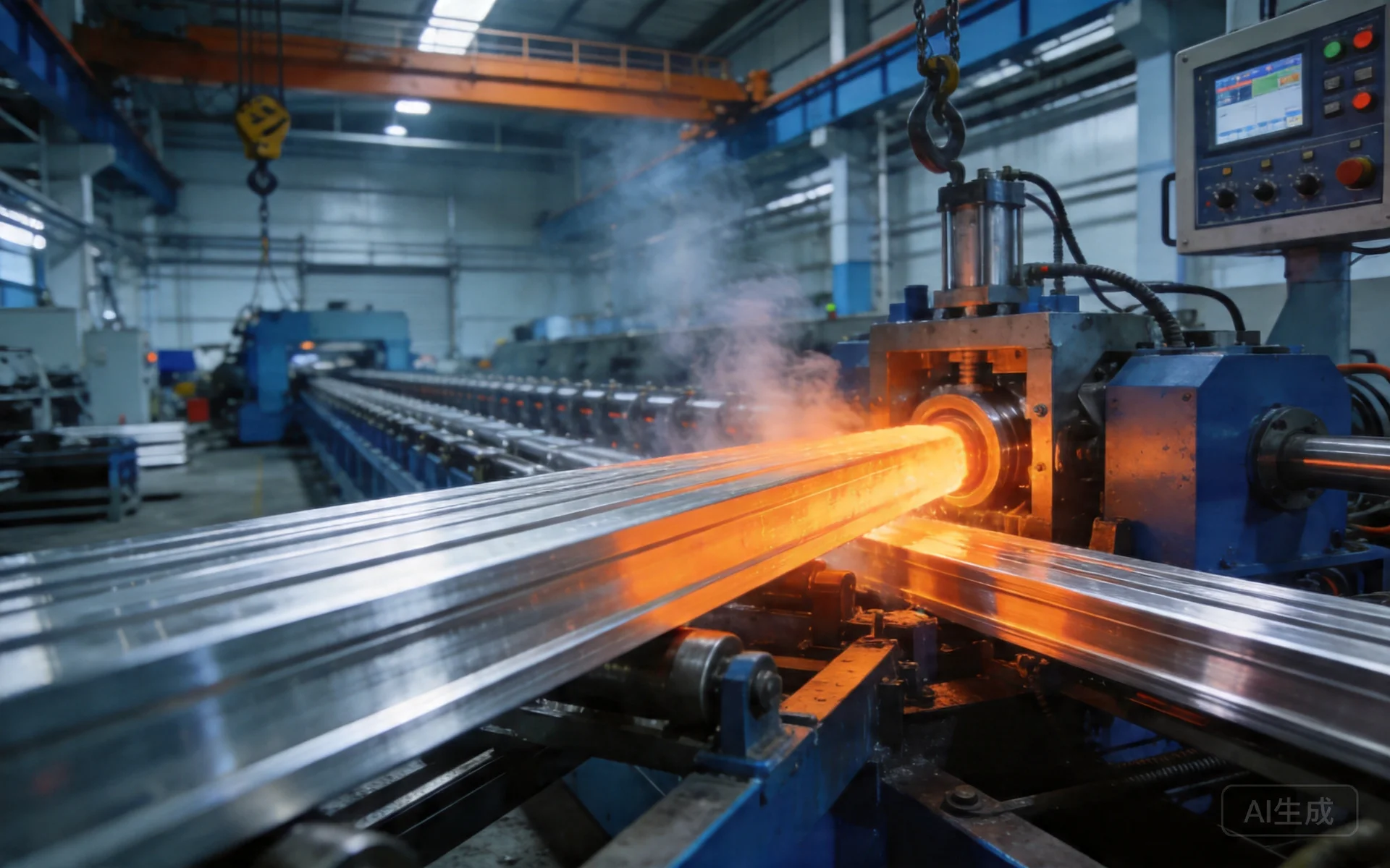 aluminum extrusion process profile coming out of extrusion die long metal profile industrial factory realistic lighting high detail