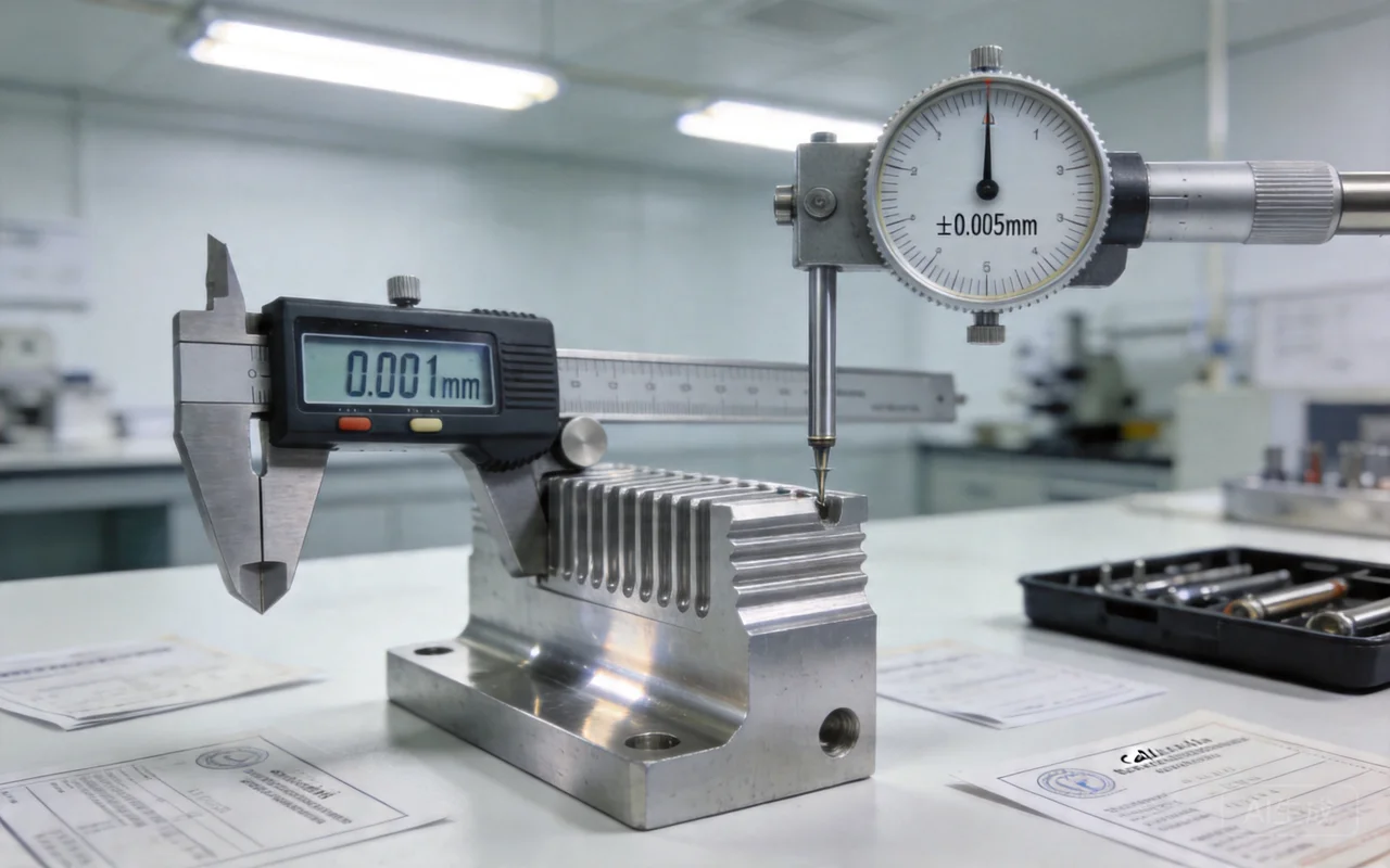 CNC machined aluminum part measurement with caliper, precision inspection detail in industrial setting