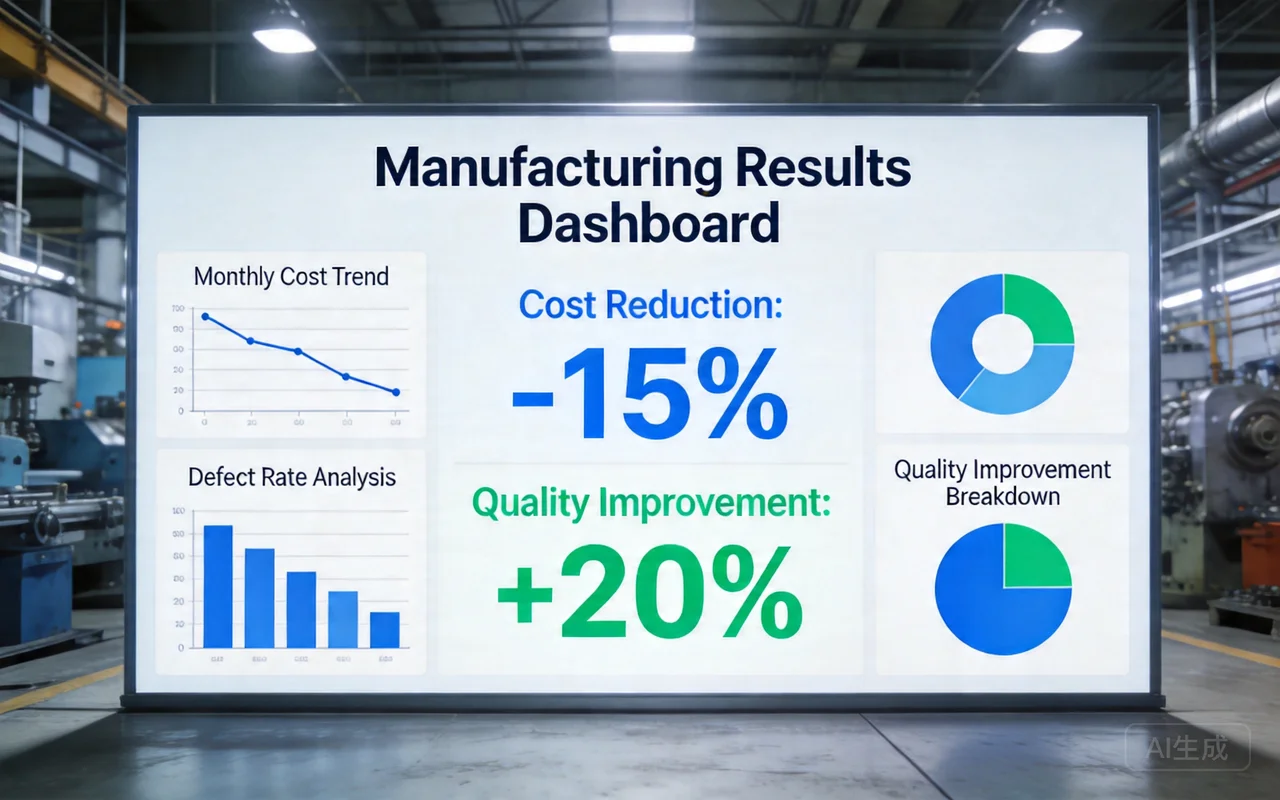 results achieved in automotive project, showing cost reduction, faster production, and maintained quality
