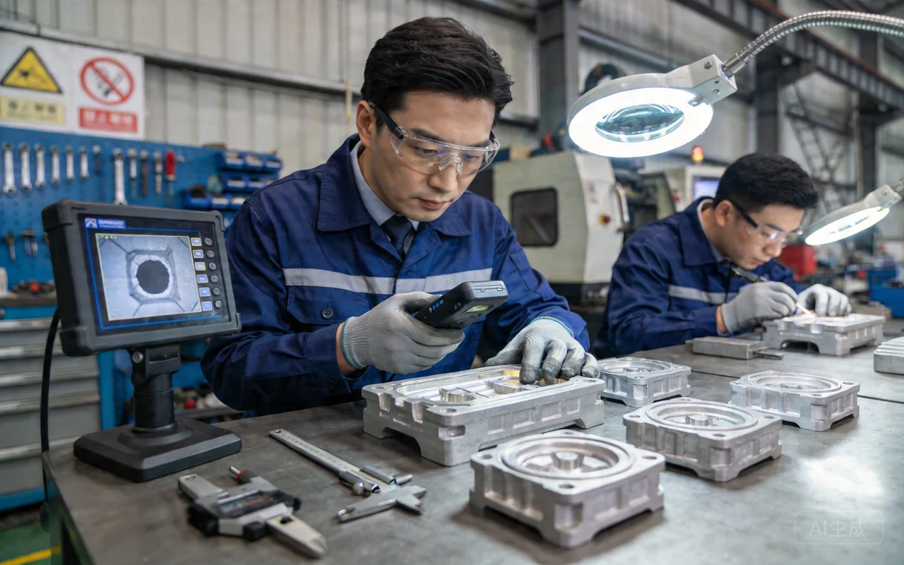 engineer measuring aluminum die casting part with caliper quality inspection factory environment