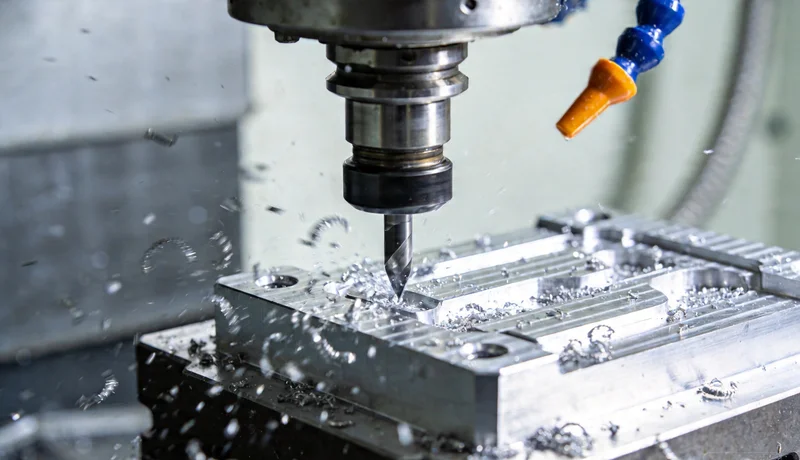cnc milling tool removing material from aluminum workpiece close up machining detail industrial precision