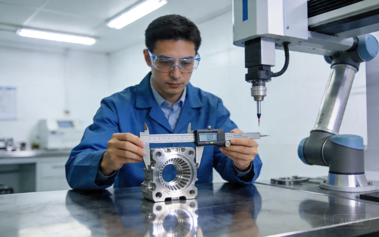 engineer measuring cnc turned aluminum part with micrometer precision inspection factory