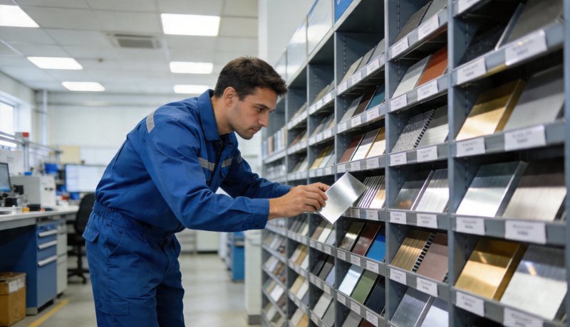 engineer selecting aluminum material, comparing properties chart in industrial workspace