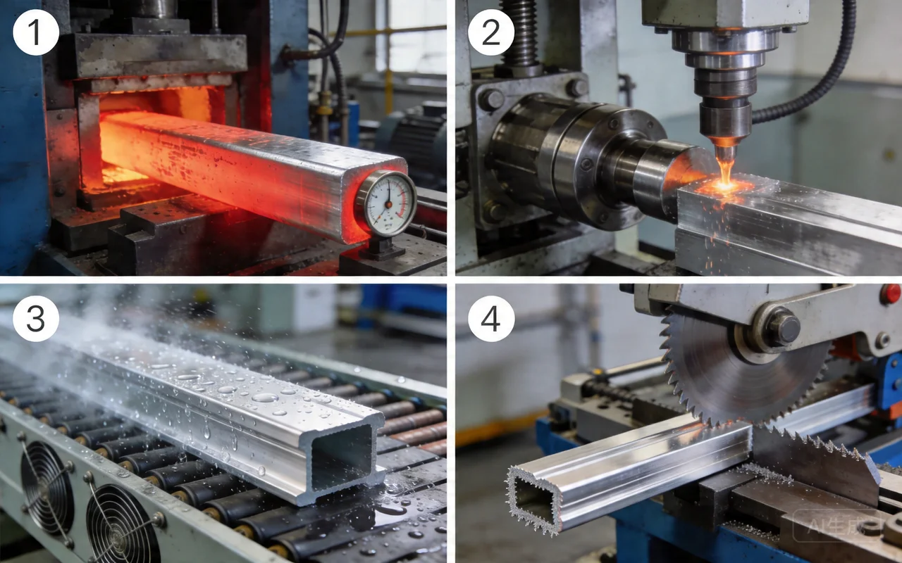 aluminum extrusion process heating billet extrusion die cutting cooling industrial workflow