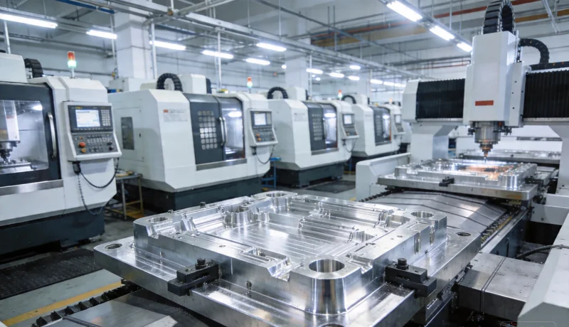 cnc machining workshop, multiple machines, clean organized, aluminum manufacturing factory, wide view