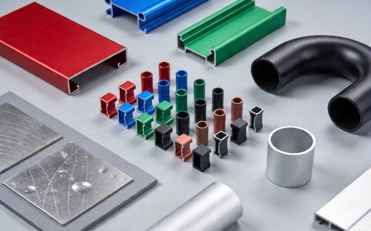 powder coated aluminum parts with matte and glossy surface, durable coating in industrial setting