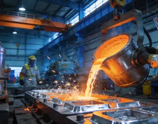 aluminum casting process, molten metal pouring, industrial detail