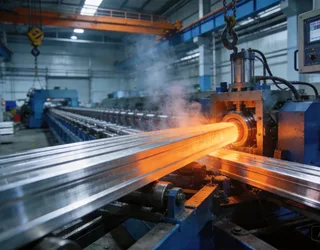 aluminum extrusion process, heated billet, profile formation, industrial equipment