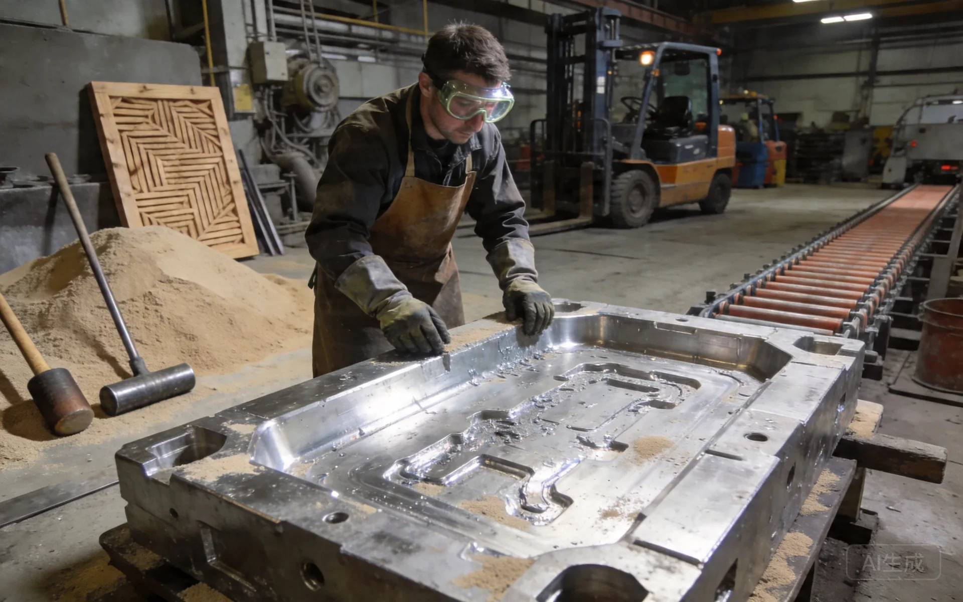 sand casting mold preparation with aluminum molten metal pouring, industrial foundry process